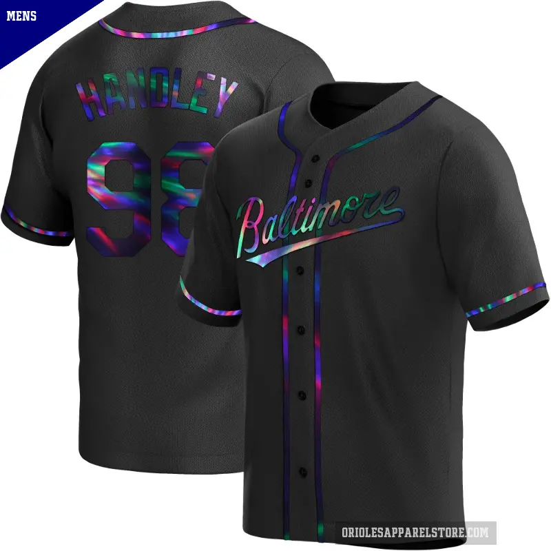 Men's No.98 Maverick Handley Baltimore Orioles Black Replica Holographic Alternate Jersey