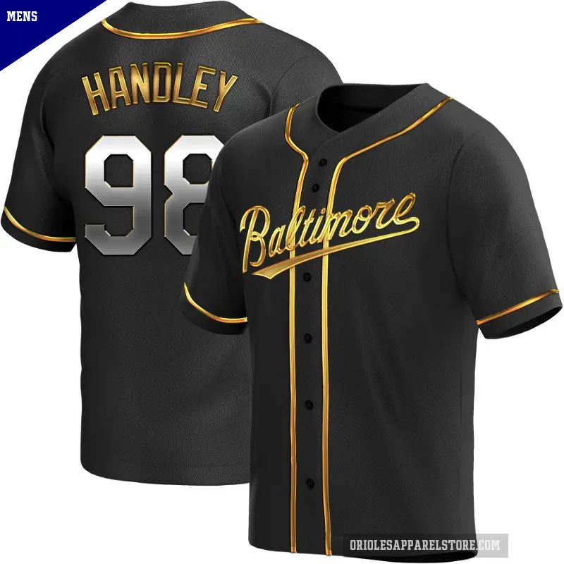 Men's No.98 Maverick Handley Baltimore Orioles Gold Replica Black en Alternate Jersey
