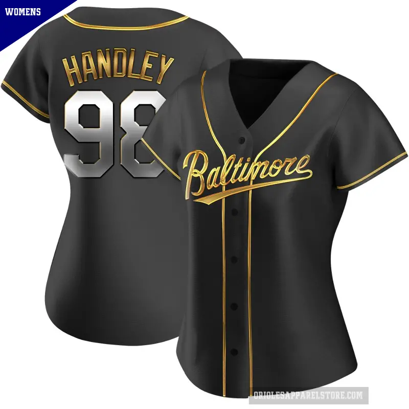 Women's No.98 Maverick Handley Baltimore Orioles Gold Replica Black en Alternate Jersey