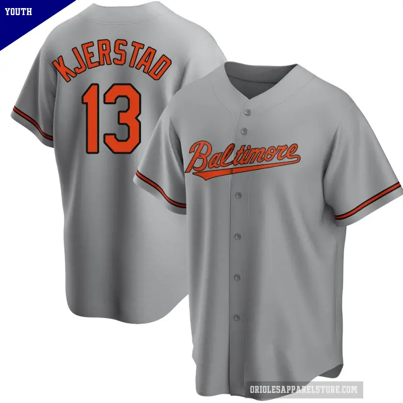 Youth No.13 Heston Kjerstad Baltimore Orioles Gray Replica Road Jersey