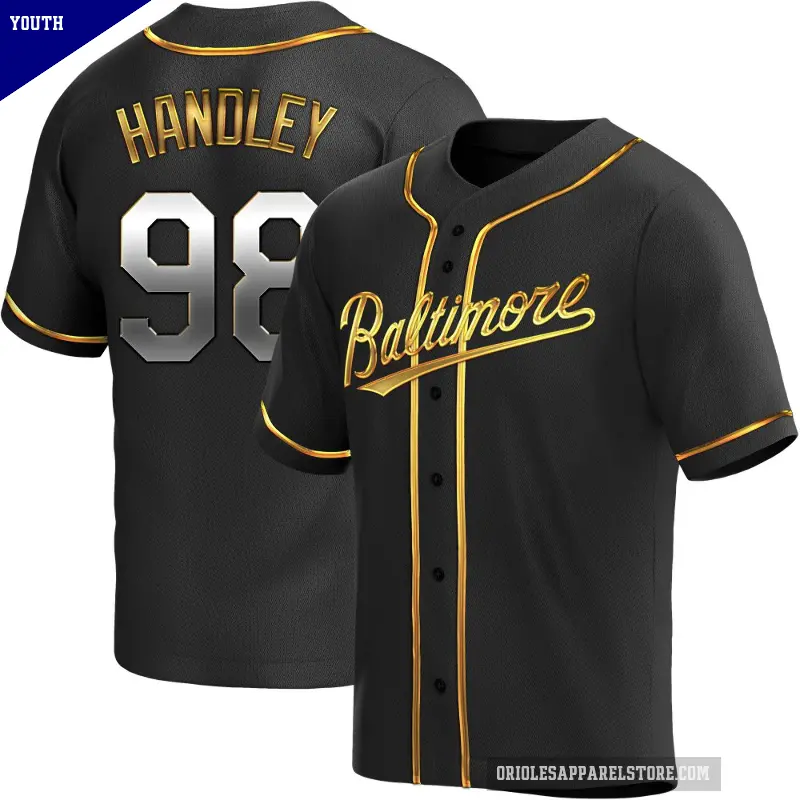 Youth No.98 Maverick Handley Baltimore Orioles Gold Replica Black en Alternate Jersey